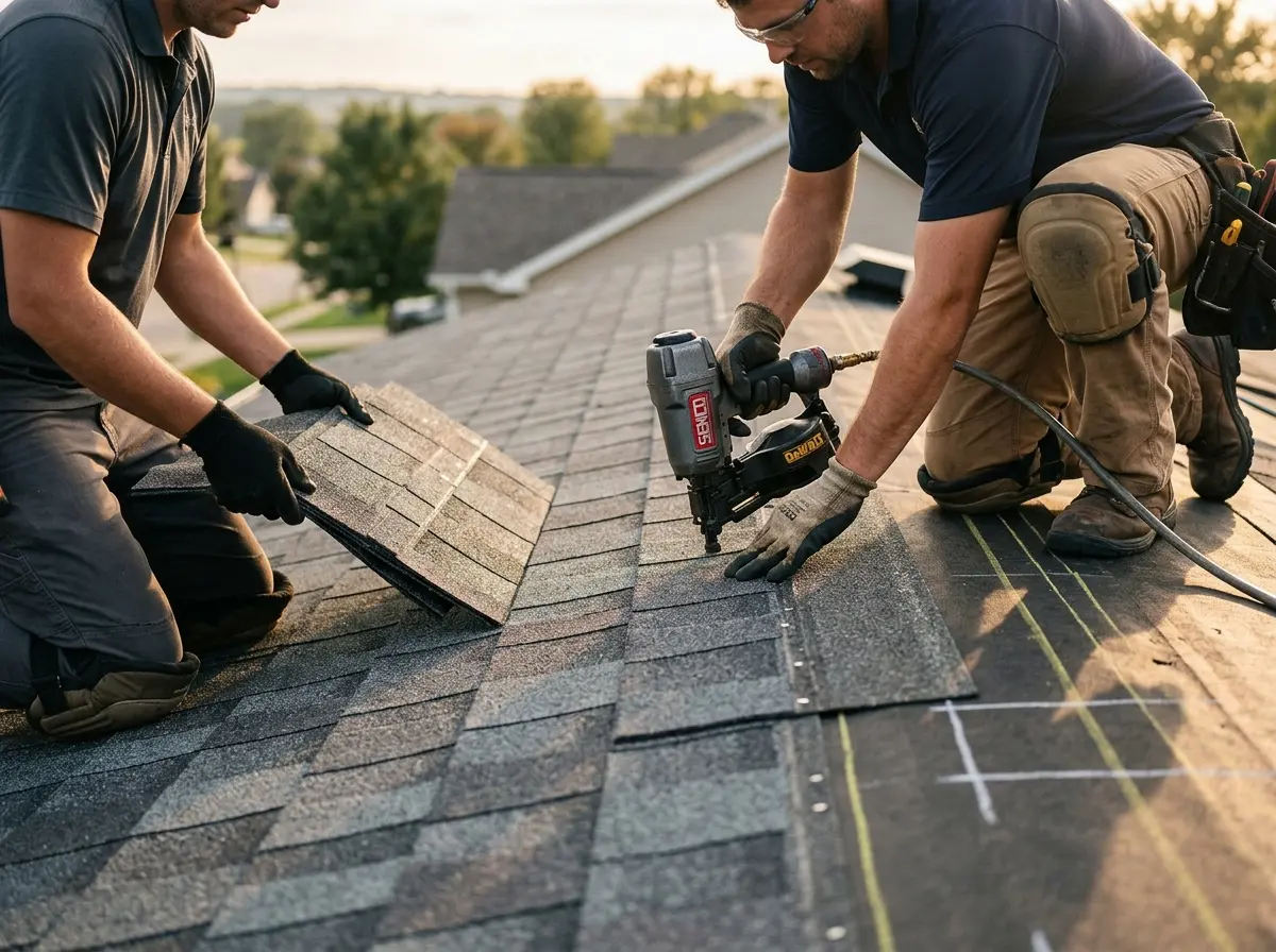 Professional roofer working on a residential roof in Waxhaw